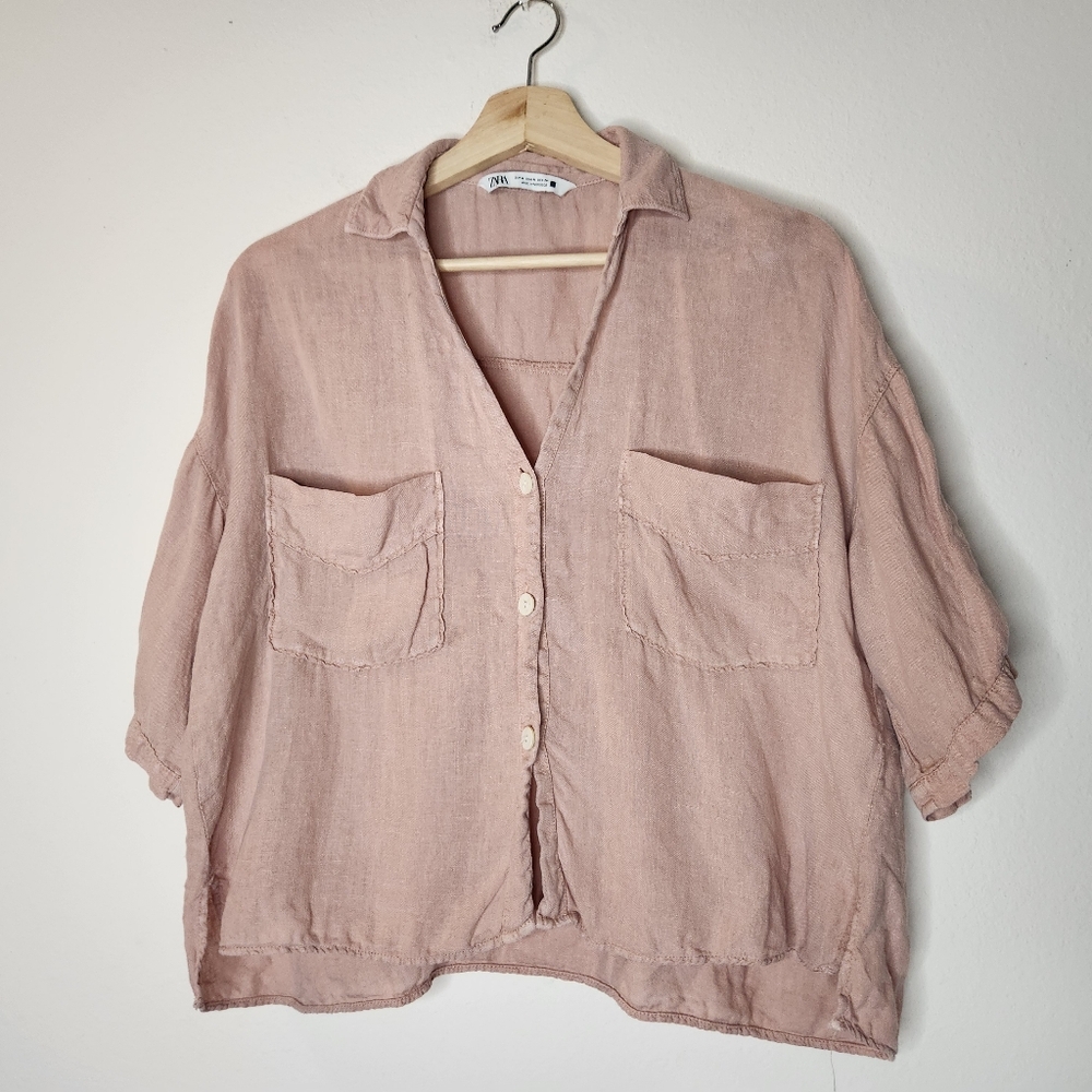 Zara Womens Medium Pink Crop Button Collared Boxy Top FLAWS